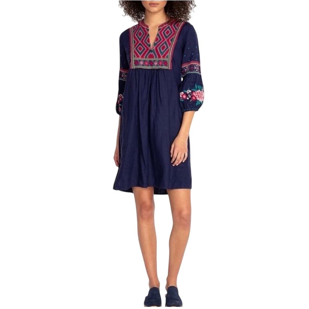 Johnny Was Navy Linen Embroidered Tunic Peasant Dress, Boho Floral, Size Large